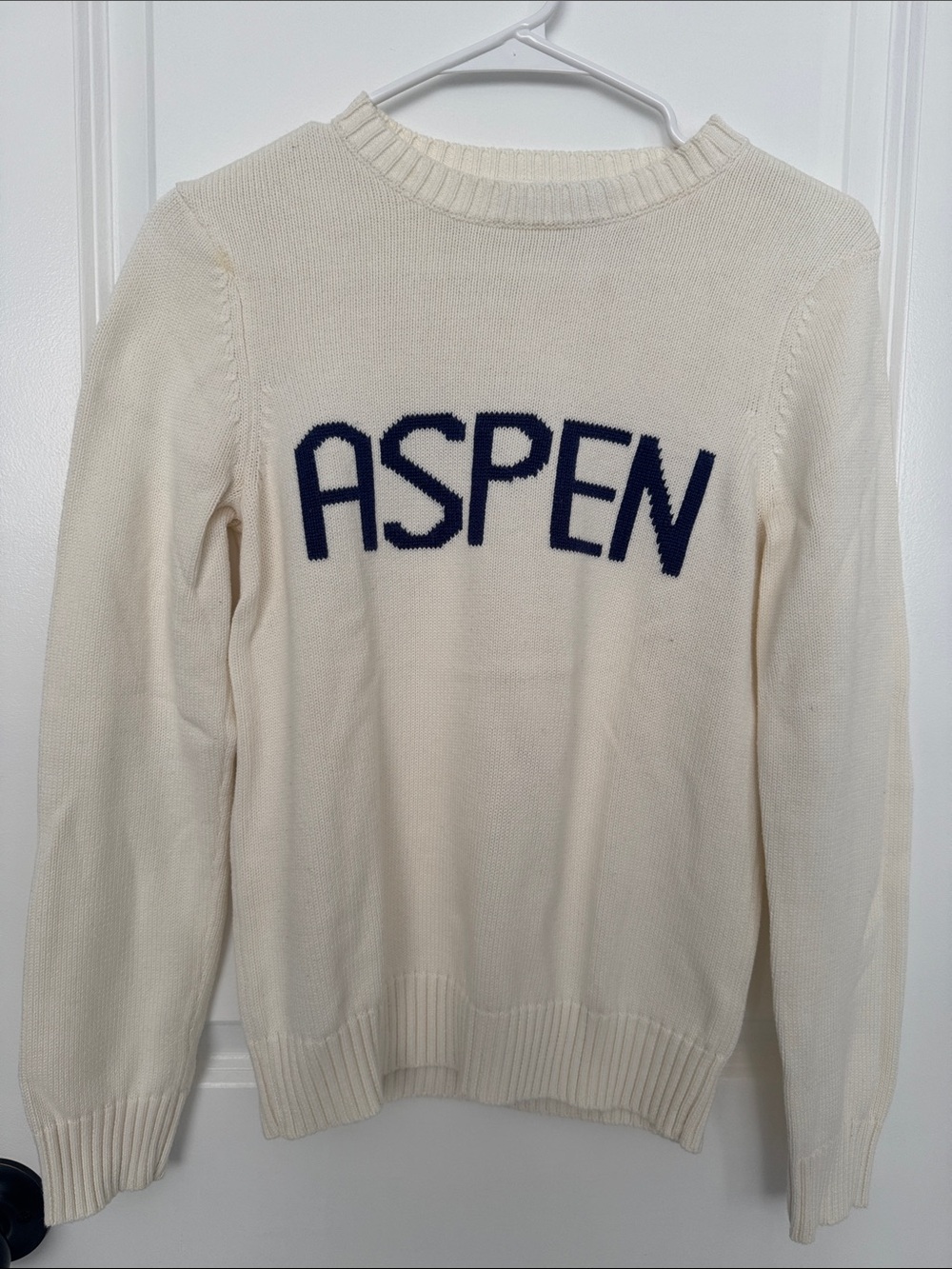 Aspen Knit Crewneck Sweater - Cream with Navy Lettering
